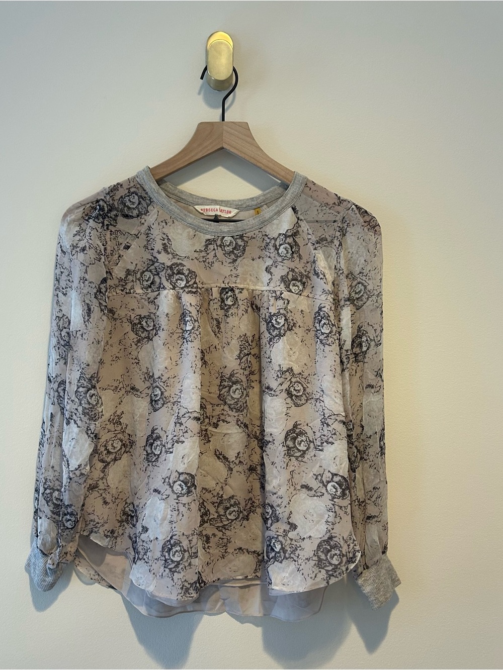 Rebecca Taylor Silk Blend Sheer Floral Blouse - Gray and Cream